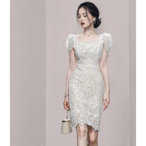 Summer Women Square Collar Hollow Out Slim Lace Dresses Fashion Office Lady Simple Series Puff Sleeve Sexy Elegant Party Dress