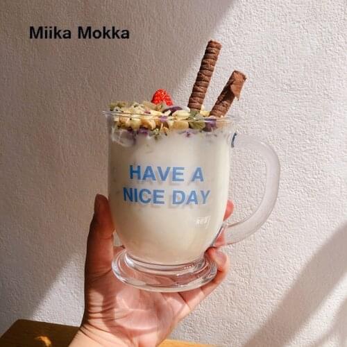 Letter Printed Coffee Mug Glass Milk Tea Cup Transparent Ice Cream Cup Milk Cup with Handle Wine Glass Cup Drinkware