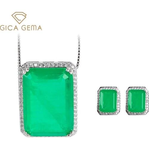 GICA GEMA Rectangle Paraiba Jewelry Set For Women 925 Sterling Silver Zircon Pendant Earrings Gemstone Anniversary Fine Jewelry