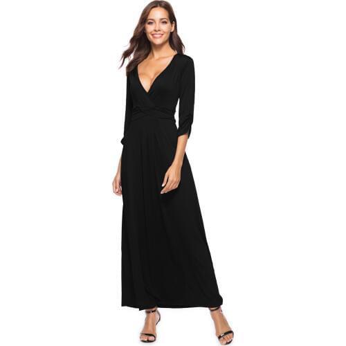 Sexy V neck Solid Black Formal Party Maxi Dress for Winter 2020 3/4 Sleeves Vintage Floor-Length Occation Club Dress Plus Size
