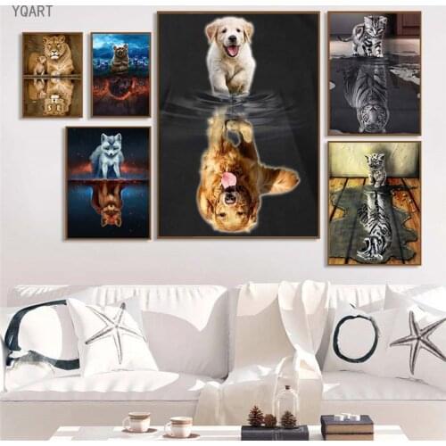 Modern Animals Reflection Pictures Canvas Print Posters Cat Elephant Wall Art Paintings Nordic Home Living Room Decoration