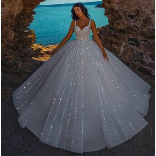 Sparkling 2022 V Neck Wedding Dresses Bridal Gowns Beaded Sequins Crystals Plus Size In Dubai Vestido De Noiva