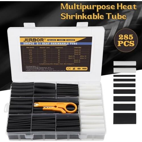 Jerbor 285pcs 9 Sizes Heat Shrink Tube Assorted Polyolefin Hollow Tube Wire Sleeves Wrap Wire Set Black