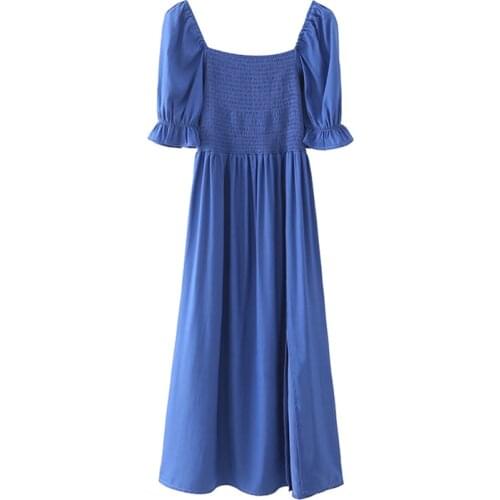 YENKYE Vintage Navy Blue Elegant Ladies Dress Women Sexy Slits Square Neck Puff Sleeve Holiday Party Casual Dress Summer Robe