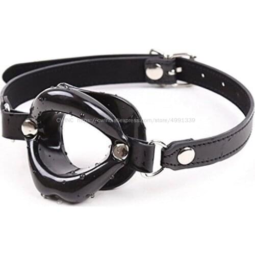 Mouth Open Gag Plug Black Red Flail Leather for Bondage Adult Sex Toys