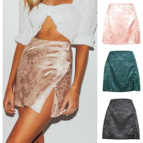 Women Summer Elegant Jacquard satin Short skirt Sexy High Waist Split Mini Skirt Vintage Zipper Skirt High Street ropa mujer