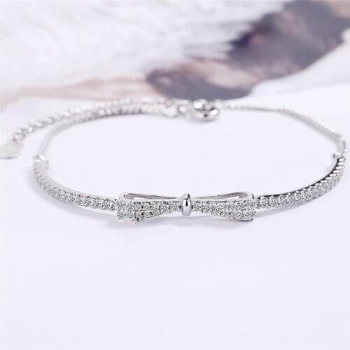 Sole Memory Zircon Shiny Bow 925 Sterling Silver Female Resizable Bracelets SBR287