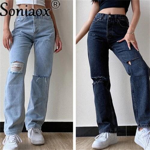 Ripped Jeans For 2021 Women Fashion Wide Legged Wash Water Ripped Casual Mid Waist Baggy Jeans Streetwear Званые джинсы женские