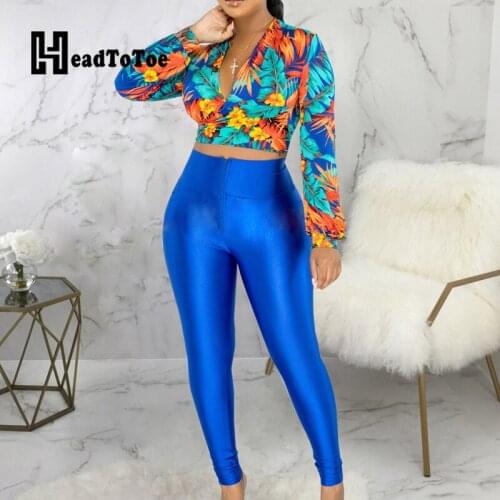 Chic Print Sexy V Neck Long Sleeve Crop Tops & High Waist Skinny Pants Set Women Two Piece Set