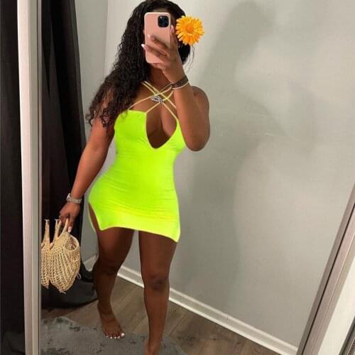 Wsevypo Fluorescent Green Suspender Mini Sundress Sexy Summer Womens Cross Straps Low Cut Bodycon Dress Party Street Wear