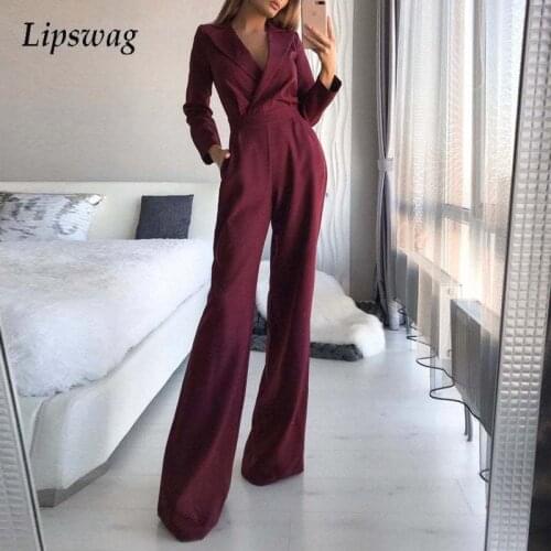 Women Jumpsuit Elegant Lapel Office Lady Solid Long Sleeve Romper Overalls 2021 Autumn New Fashion Pocket Slim Wide Leg Playsuit