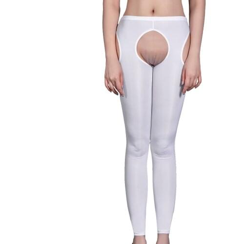 Womens Erotic Lingerie Crotchless Skinny Pants Stretchy Glossy Elastic Waistband Sexy Nightwear Hollow Out Leggings Underwear