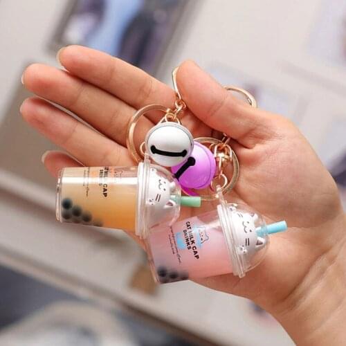 Liquid Keychain For Women Mini Creative Cartoon Cat Car Key Ring Cute Milk Tea Cup Pendant Key Holder Girls Jewelry Accessories