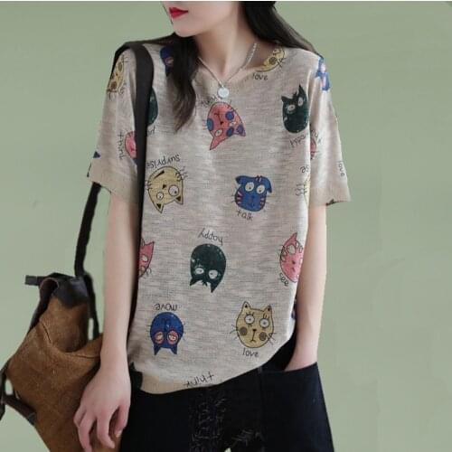2021Summer Tshirst Women Casual Cartoon Print Loose Female Wild Knit Cotton Tops Fashion