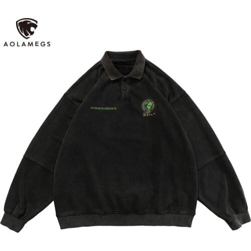 Aolamegs Sweatshirts Men Embroidery Badge Turn-down Pullover Autumn Casual Baggy Harajuku Simple College Style Streetwear Couple