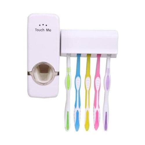 Automatic Toothpaste Dispenser + 5 Toothbrush Holder Stand Wall Mount Bathroom Decoration Accessory Set Dust-proof Storage Rack