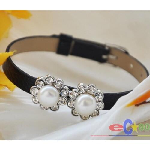 Free shipping NICE 9mm white round freshater pearl black leather watchband bracelet