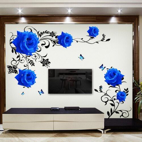 Large blue rose flowers Sofa/TV Background Wall Sticker Home Decoration DIY bedroom Living room Mural art Decals poster stickers