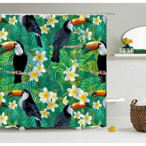 Flower Bird Printing Simple Shower Curtain Waterproof Polyester Fabric Leaves Plant Shower Curtain Bathroom With 12 Hooks Set