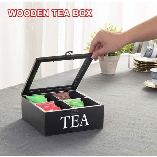 4 Cells Wooden Visible Storage Box with Lid & Latch for Tea Bag Jewelry Coffee Retro Style 23*23*9CM SP99