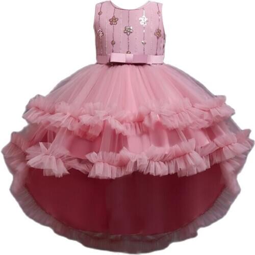 Flower Girls Long Tail Dress Tutu Lace Teenager Girls Bow Sleeveless Summer Elegant Dresses Wedding Party Vestido 2 to 12 Years