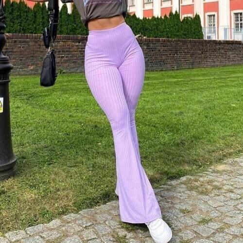 High Waist Purple Ribbed Solid Slim Flare Sweatpants Tracksuit Womens Sports Pants 2021 Fashion Long Trousers Capris Female