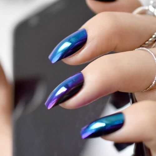 Chameleon Blue Short Fake Nails Falt Stiletto False Metal Mirror Acrylic Coffin Nail DIY Nail Art Manicure Product 24Pcs