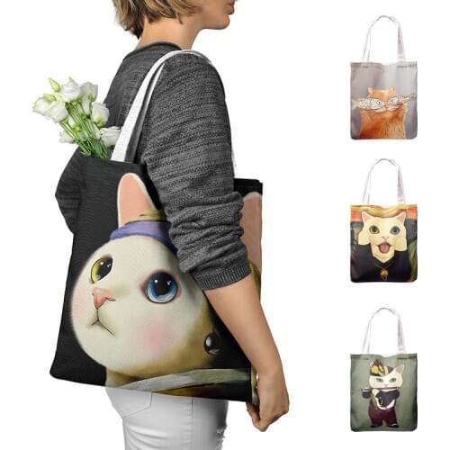New 3D Printing Cat Animal Women Canvas Bag Spoof Oil Painting Retro Tote Bag Travel Leisure Girl Shoulder Bag ECO Shopping Bag