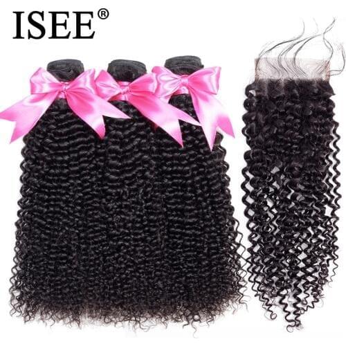 ISEE HAIR Brazilian Kinky Curly Bundles With Closure Remy Human Hair Bundles With Closure 3/4 Bundles Hair With Closure