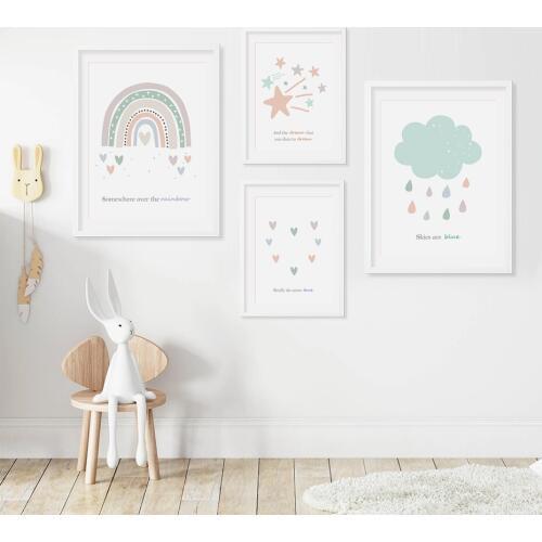 Rainbow Pink Star Cloud Skies is Blue Canvas Painting Wall Art Poster Print Pictures Kids Bedroom Decor Home Decoration No Frame