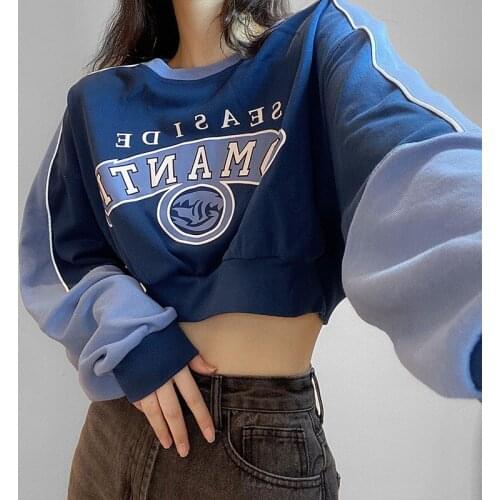 Letter print short sweater loose color matching y2k aesthetic crewneck sweatshirt 2021 new Pullovers