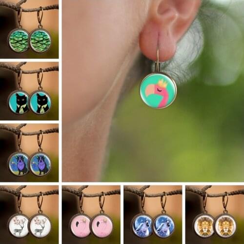 Creative Dangle Earrings Glass Pendant Cute Animals Picture Jewelry Popular Earrings Temperament Handmade Gift for Girlfriend