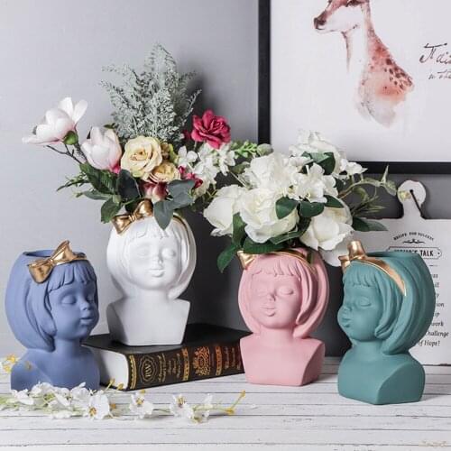 Golden Bow Girl Vase Ceramic Portrait Figurine Decorative Vases Home Decoration Statuette Desktop Decor Flower Arrangement