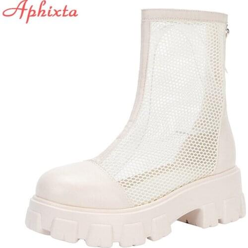 Aphixta Summer & Winter Breathable Platform Boots Lace-up 6cm Chuky Sole Heels Women Zipper Height Increasing Plus Large Size 43