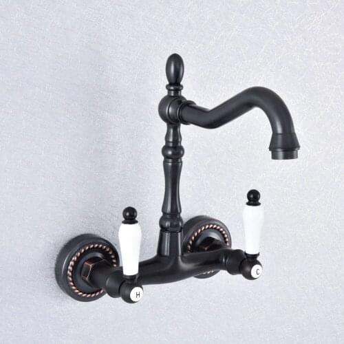 Oil Rubbed Bronze Wall Mounted Basin Faucets Double Handle Dual Hole Bathroom Sink Swivel Faucet Mixer Tap zsf752