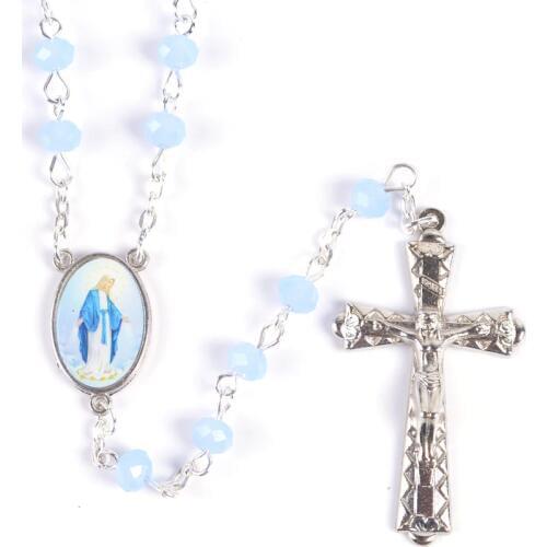 Fashion Elliptical Faceted Light Blue Crystal Bead Virgin Mary Rosary Necklace