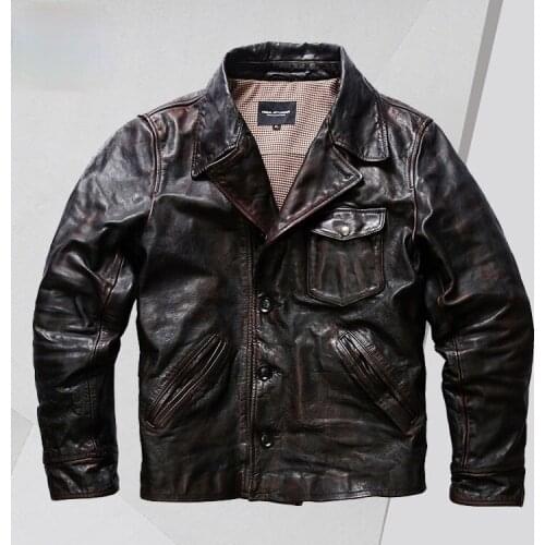 American Bear First Layer Tea Core Horse Leather Mens Factory Direct Supply Lapel Single Breasted Casual Short Leather Jacket