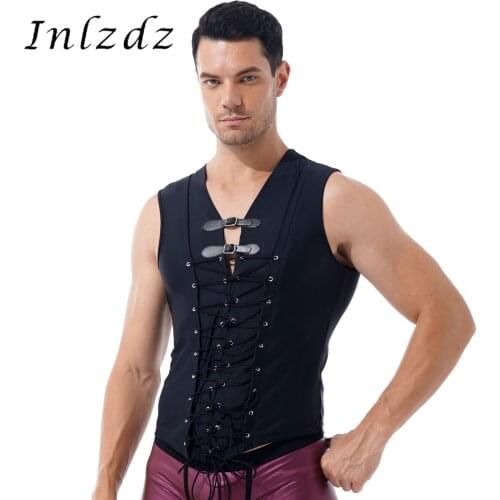 Mens Lace-up Front Tank Top Punk Gothic Clothes Adjustable Buckle Decor Sleeveless T-shirt Male Tops Tees Rave Bar Clubwear