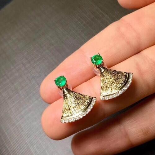 Natural green emerald stud earrings S925 silver natural gemstone earrings fashion Fan Scallop womens girl party gift jewelry