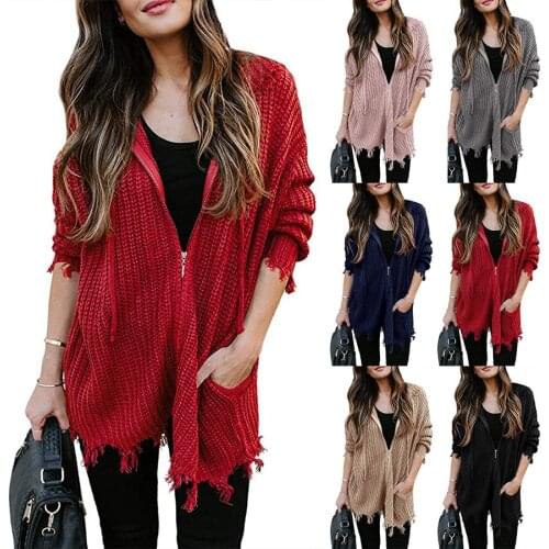 2020 Autumn and Winter New Sweater Womens Knitted Sweater Europe and America Leisure Zipper Drawstring Hooded Cardigan