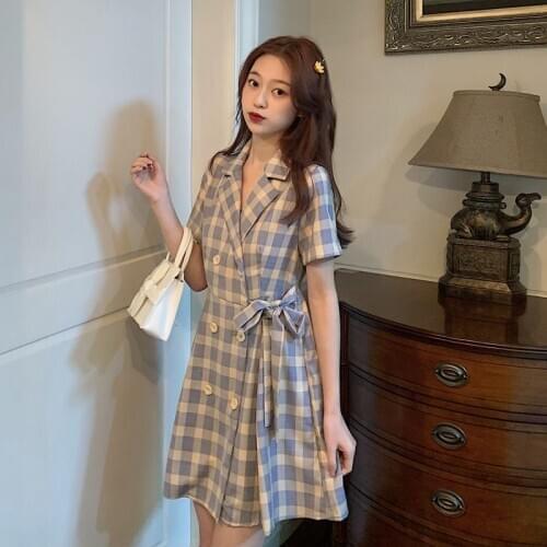 Summer New Hipster Short-Height High Waist Hugging Slim Business Suit Collar Plaid Elegant Short-Sleeve Dress Womens Clothing