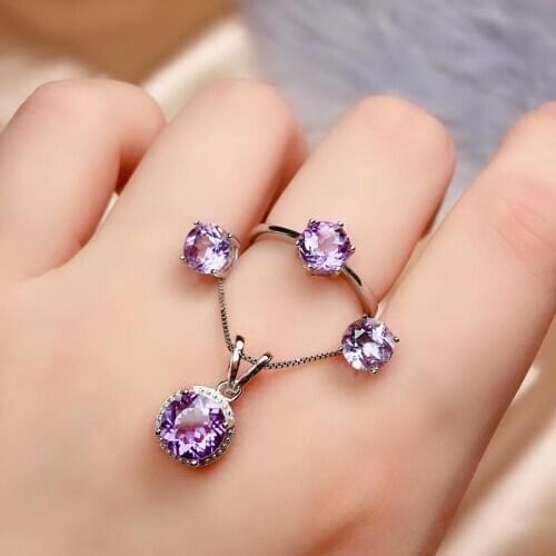 New Arrival Real Natural Amethyst jewelry set Natural Real Amethyst 925 sterling silver 1pc pendant,1pc ring,2pcs Earring