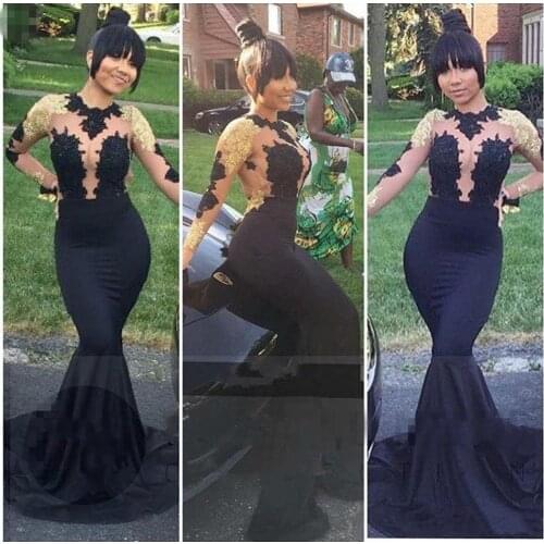 New African Black and Gold Mermaid Prom Dresses Long 2019 High Neck Satin Sexy See Through Open Back Long Sleeve Prom Evening Go