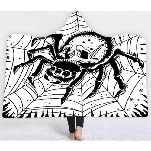 Spider Skull Hooded Blanket Skeleton Fleece Blanket Picnic Travel Wearable Blanket 3D Print Nap Office Sofa Soft Throw Blanket