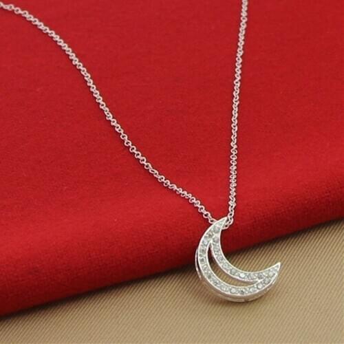 925 Sterling Silver Women Zircon Moon Necklace Engagement Cubic Zirconia Ladies Pendant Necklaces Valentines Day Present Gifts