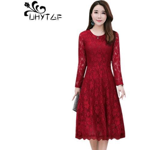 UHYTGF L-5XL plus size dresses Ladies pullover autumn winter dress women New fashion lace long dress elegant female dresses 1163