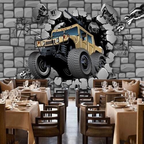 Self-Adhesive Waterproof Wallpaper 3D Retro Brick Wall Tire Car Murals Restaurant Cafe Background Wall Decor Stickers Wallpapers