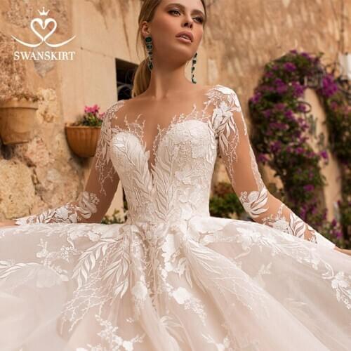 Long Sleeve Appliques Wedding Dress 2021 Sweetheart A-Line Court Train Bride Gown SwanSarah N102 Princess Vestidos De Novia