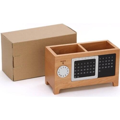 Solid Wood Calendar Pen Holder Multifunction Desktop Office Organizer Stationery T3LB