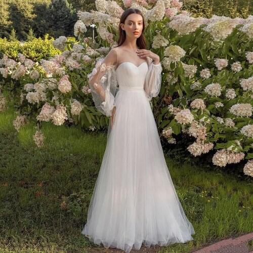 UZN New Arrival Ivory Tulle Wedding Dresses Long Puffy Sleeves With Flowers Vestidos De Novia 2021 Sweetheart Bride Wedding Gown